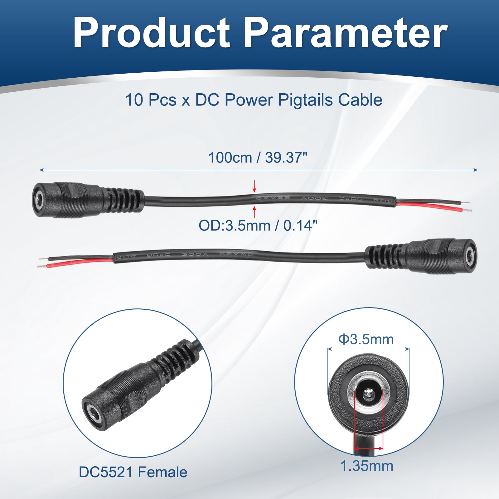 Uxcell 10pcs DC Power Pigtails Cable, 3.5mm x 1.35mm Female Barrel Plug Connector to Bare Wire Open End 100cm for PC Laptop Toys Cellphone Electronic Devices