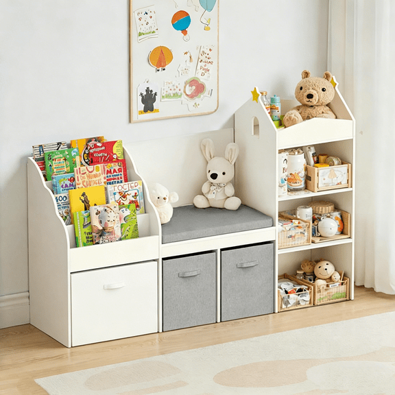 spanspace Kids Bookshelf with Reading Nook, 4 Cube Bookcase with 4-Tier Book Racks, 3 Movable Fabric Drawers and Seat Cushion, 60" Wide Toy Organizer for Bedroom, Playroom, White