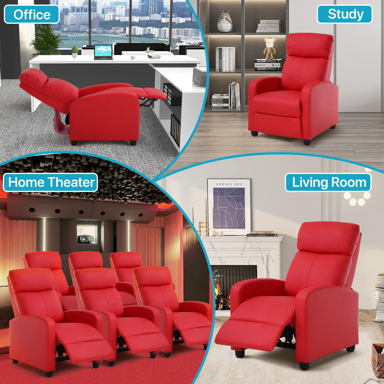 NiamVelo Recliner Chair for Adults, PU Leather Recliner Sofa with Lumbar Support, Adjustable Modern Reclining Chair with Padded Seat Backrest for Home, Living Room, Theater （Red）