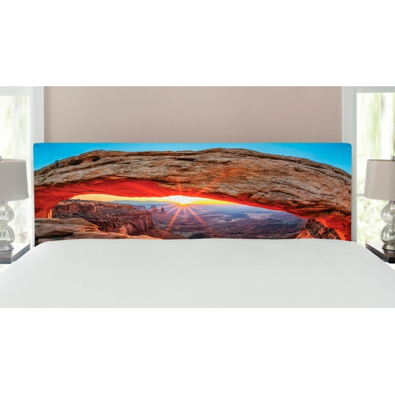 USA Headboard, Famous Sunrise at Mesa Arch in Canyonlands National Park, Utah, USA, Upholstered Decorative Metal Bed Headboard with Memory Foam, King Size, Pale Brown Sky Blue, by Ambesonne