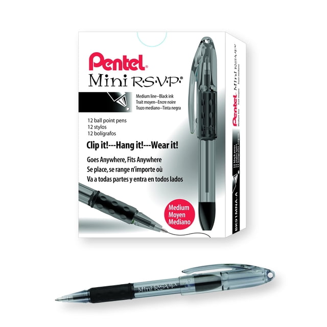 Bolígrafo Pentel Mini R.S.V.P. Stick, tinta negra, paquete de 12