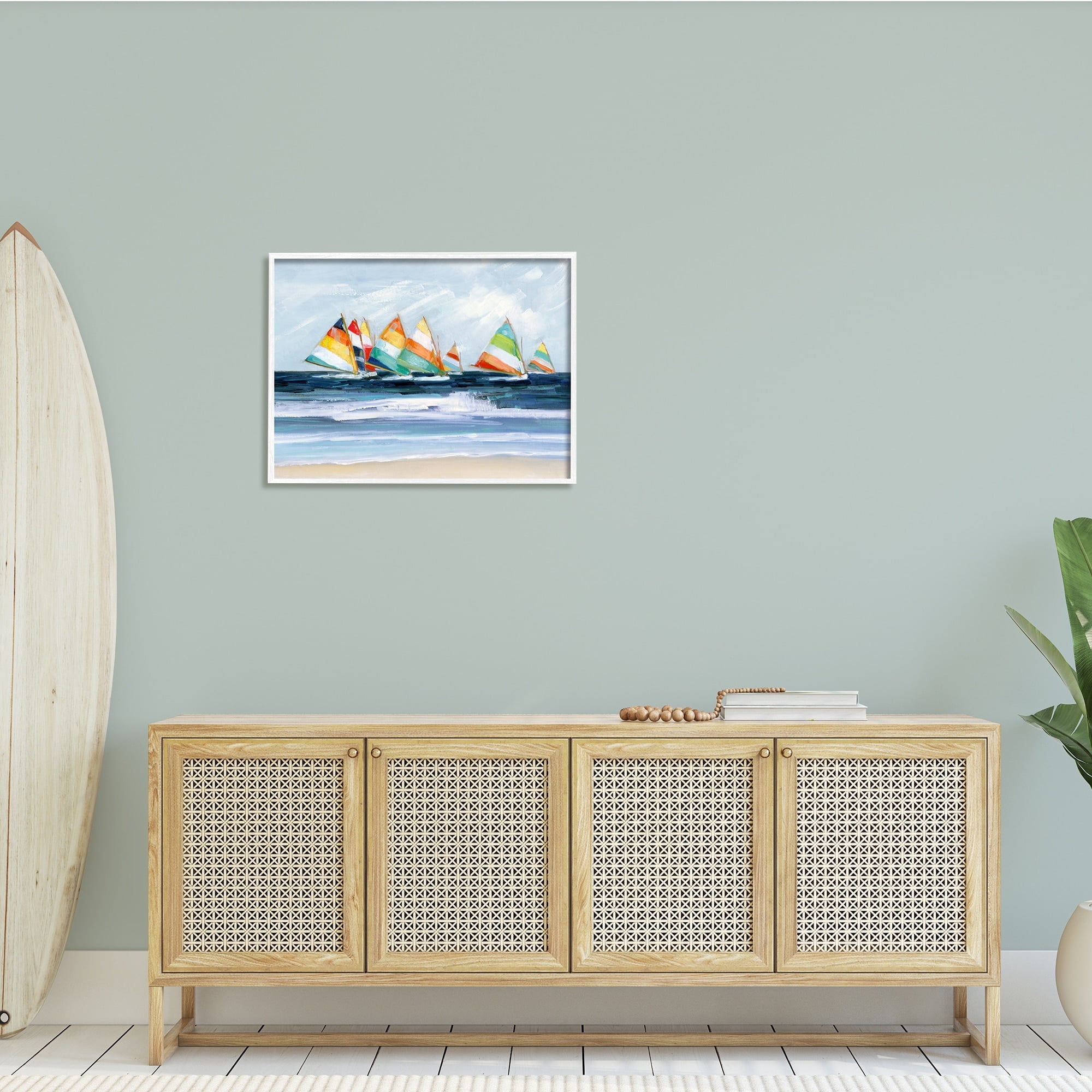 Stupell Industries Shoreline Sailboat Race Striped Sails Coastal Painting, 30 x 24, Design by Sally Swatland