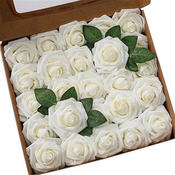 25 Paquetes de Rosas de Espuma con Tallos y Hojas Flores Artificiales de Rosas Falsas en Caja Rosas Artificiales - Flores Artificiales - Decoraciones para Fiestas (Blanco Leche) JAMW Sencillez