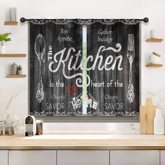 Black White Farmhouse Wood Kitchen Curtains Short Small Rustic Retro Barn Rural Western Wooden Plank Rod Pocket Vintage Country Bedroom Living Room Treatment Fabric 2 Panels 27.5Wx36H Inch