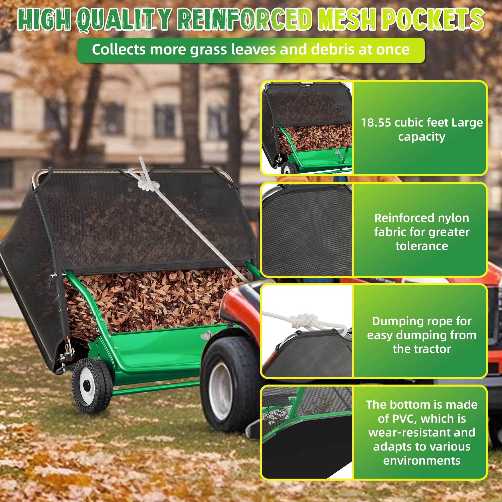 42" Tow-Behind Lawn Sweeper, 18.55 Cu.Ft Large Hopper Leaf & Grass Collector, Adjustable Brush Height, Easy Dumping Rope, Heavy Duty Yard Cleanup Tool for Lawn Tractor ATV