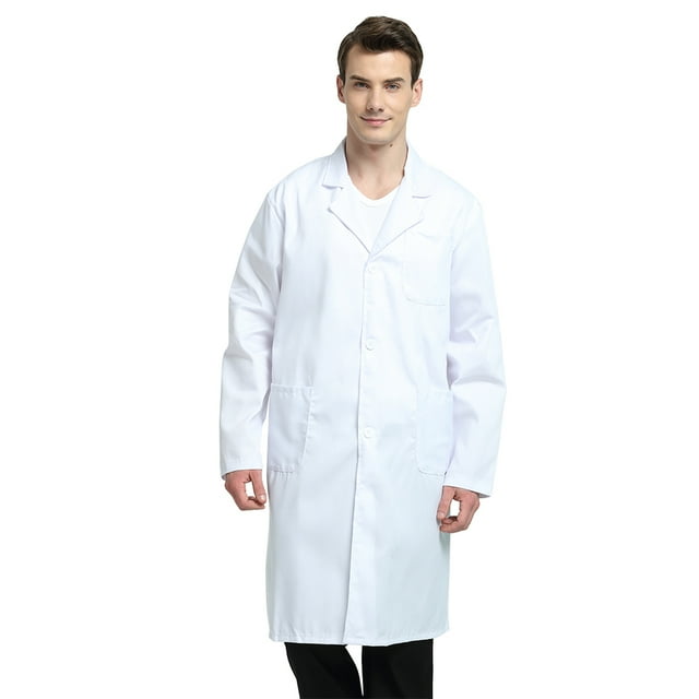 TOPTIE Unisex Scrubs Lab Coat Professional Doctor Uniform Workwear Long Sleeve Shop Coat-White-L