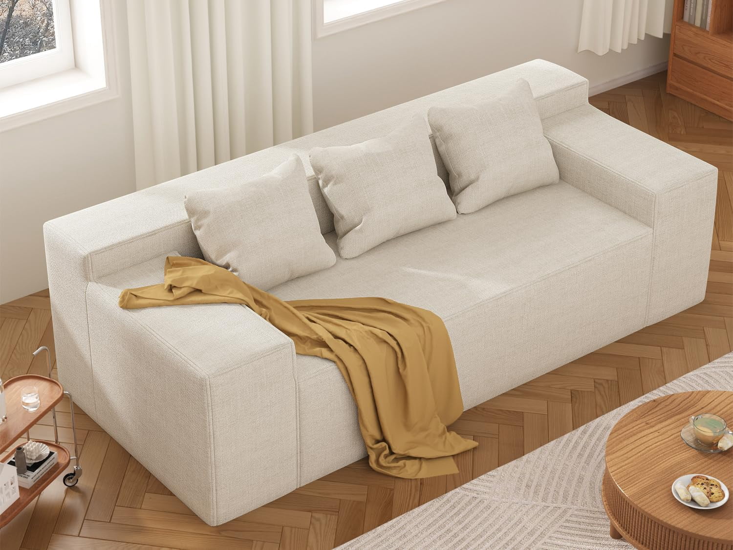 Modern 3-Seater Sofa, Hybrid Sofa in a Box, No Assembly Required, Comfy Sofa Couch with 3 Matching Pillows, Couch for Living Room or Bedroom, Beige