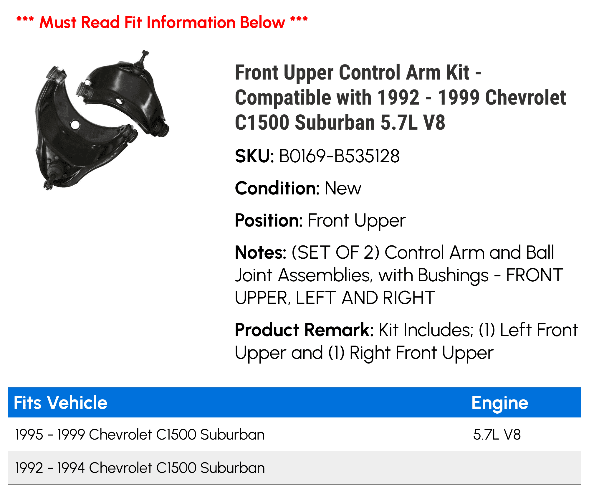 Front Upper Control Arm Kit - Compatible with 1992 - 1999 Chevy C1500 Suburban 5.7L V8 1993 1994 1995 1996 1997 1998