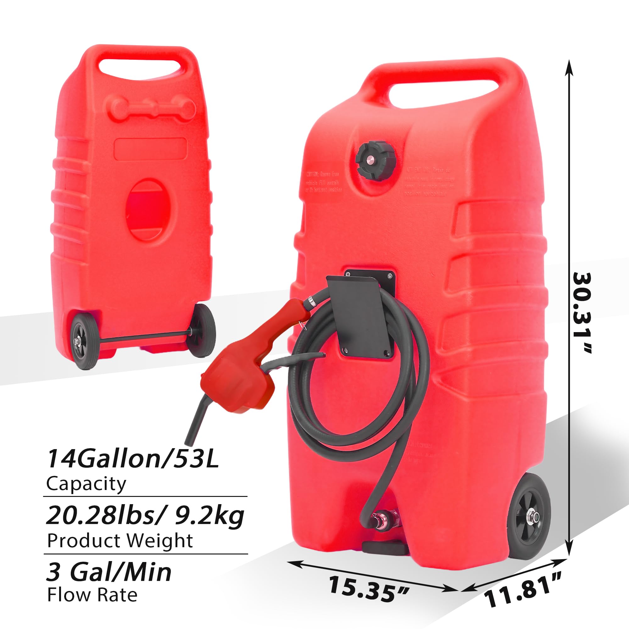 14 Gallon Portable Fuel Tank with Wheels,Gas Caddy with Manual Siphon Pump & 10FT Hose, T-Handle for Easy Carry, Included for Cars, ATVs, Boats,Red
