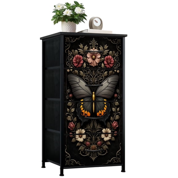 Dresser for Bedroom with 4 Storage Drawers Butterfly Floral Vintage Dark Dressers Chest of Drawers Steel Framed Fabric Closet Organizers for Dorm Entryway