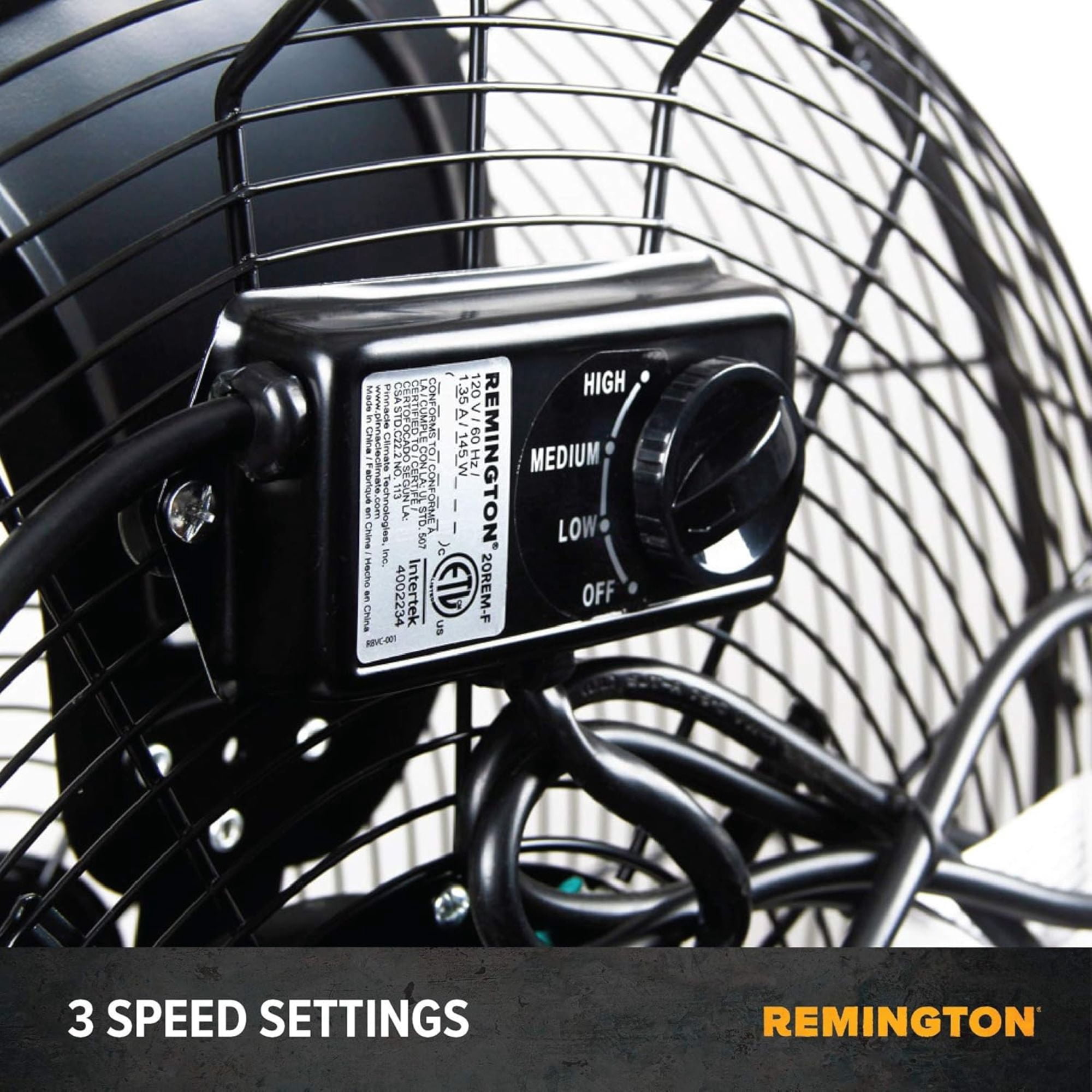 Remington 20" High Velocity Floor Fan, 3 Speed Portable Cooling Unit, Black