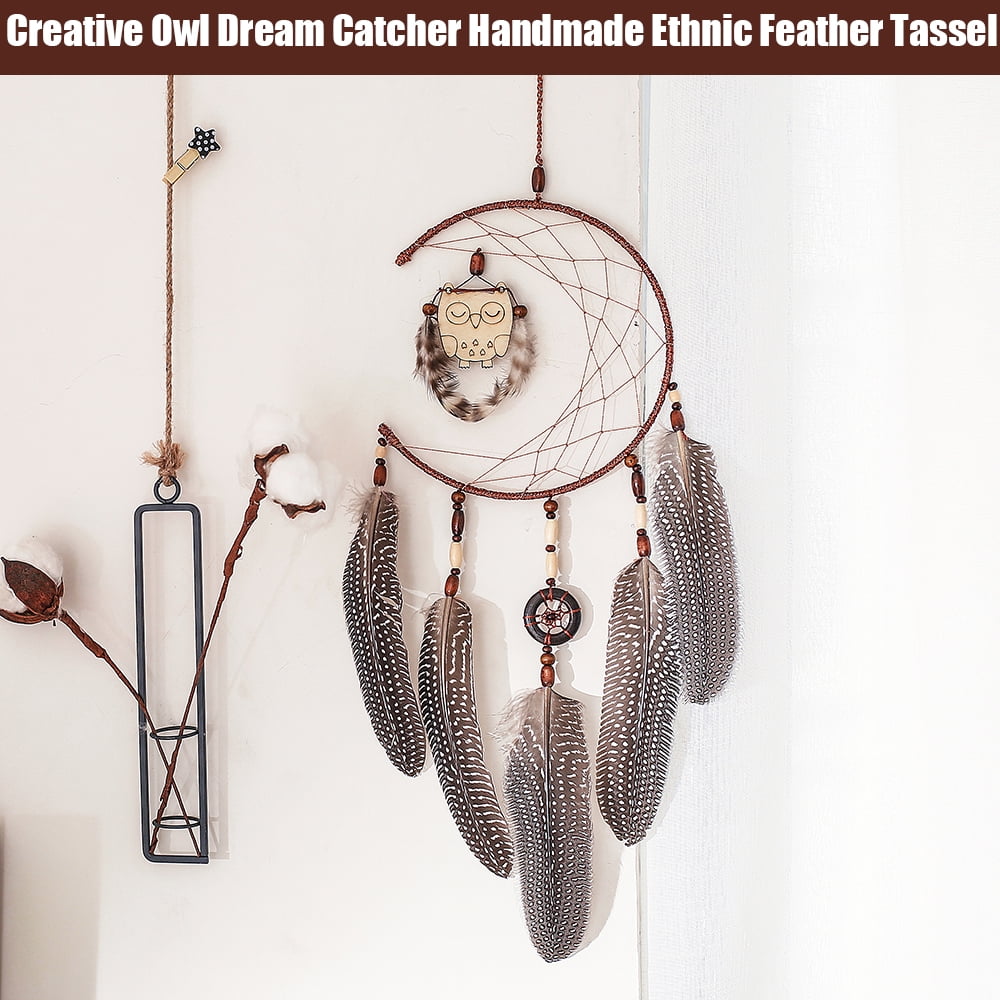 Large Owl Dream Catchers Long Feathers Handmade Wall Hanging Decor Ornament 