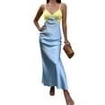 thumbnail image 1 of Damas Temperamento Vestido Largo Slip, Verano Mujeres Estilo Ocio Color Contraste Empalme Cuello en V Sin Mangas Playa Falda Slim, 1 of 5
