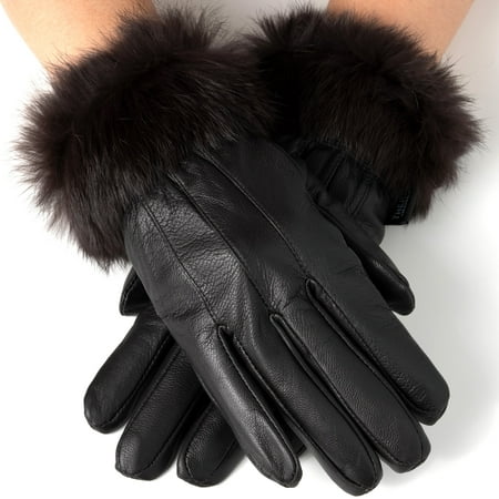 Womens Dressy Gloves Genuine Leather Thermal Lining Rabbit Fur Cuff
