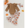 thumbnail image 4 of Liacowi 3PCS Baby Girl Halloween Clothes Set 3 6 12 18 Months Newborn Letter Pumpkin Print Long Sleeve Romper + Flared Pants + Headband Infant Fall Halloween Outfits, 4 of 9