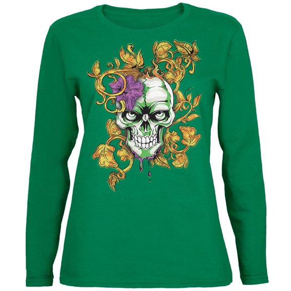 Mardi Gras Voodoo Zombie Skull Womens Long Sleeve T Shirt Green MD