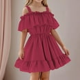 thumbnail image 3 of Avrntaa Cold Shoulder Dress for Toddler Girls Summer Trendy Ruffle Hem Dress Fluffy Swing Dresses 1-6Y, 3 of 7