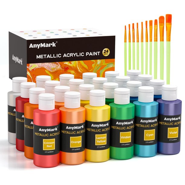 Paint AnyMark Metallic Acrílico, 24 colores, 60 ml, set con pinceles