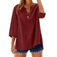 thumbnail image 2 of ZyeKqe Cotton Linen 3/4 Length Sleeve Womens Tops Casual V Neck T Shirts Loose Fitted Comfy Blouses Tunic Tops, 2 of 6
