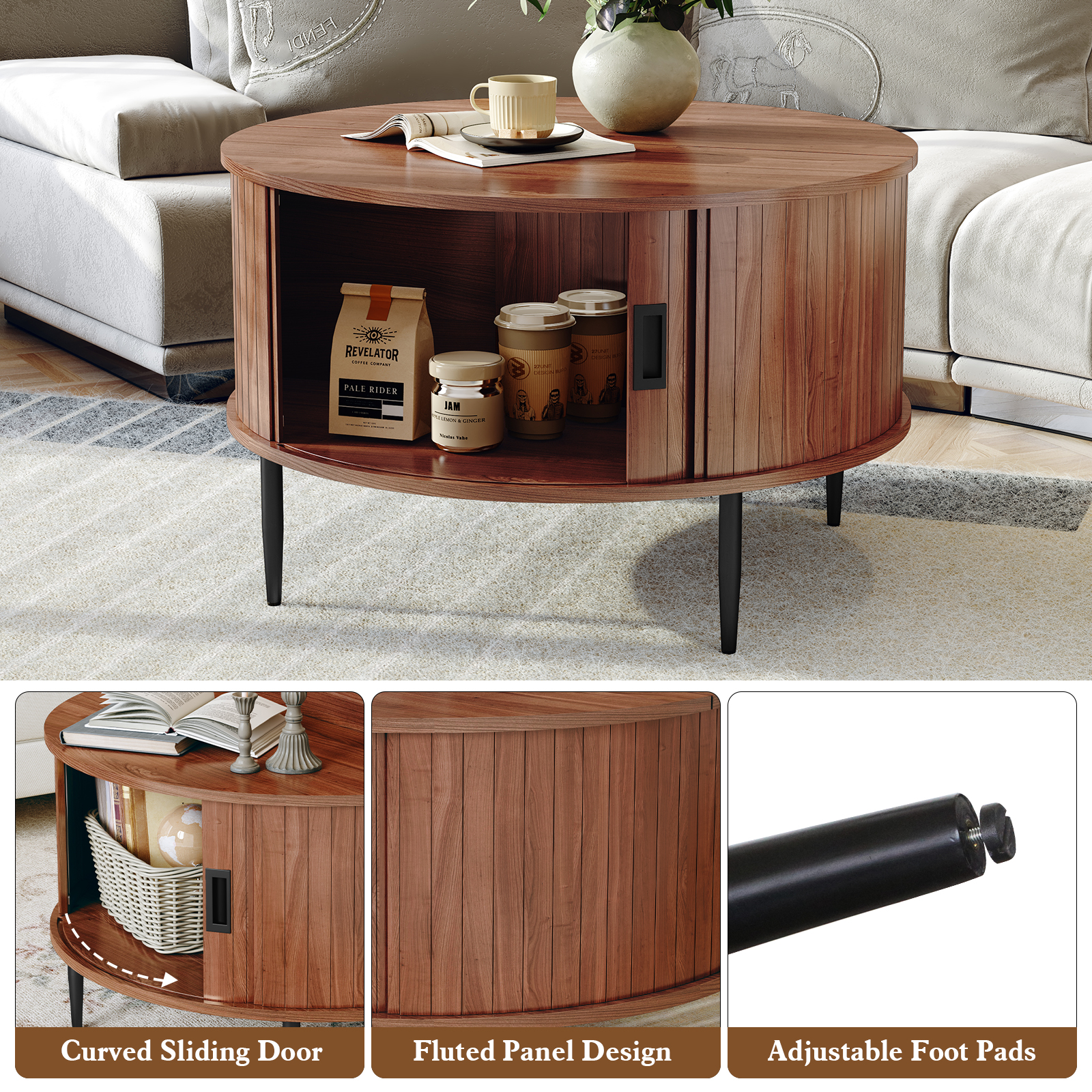 HLR Mid Century 31.5" Round Coffee Table with Sliding Tambour Door, Drum Center Table with Storage for Living Room, Brown