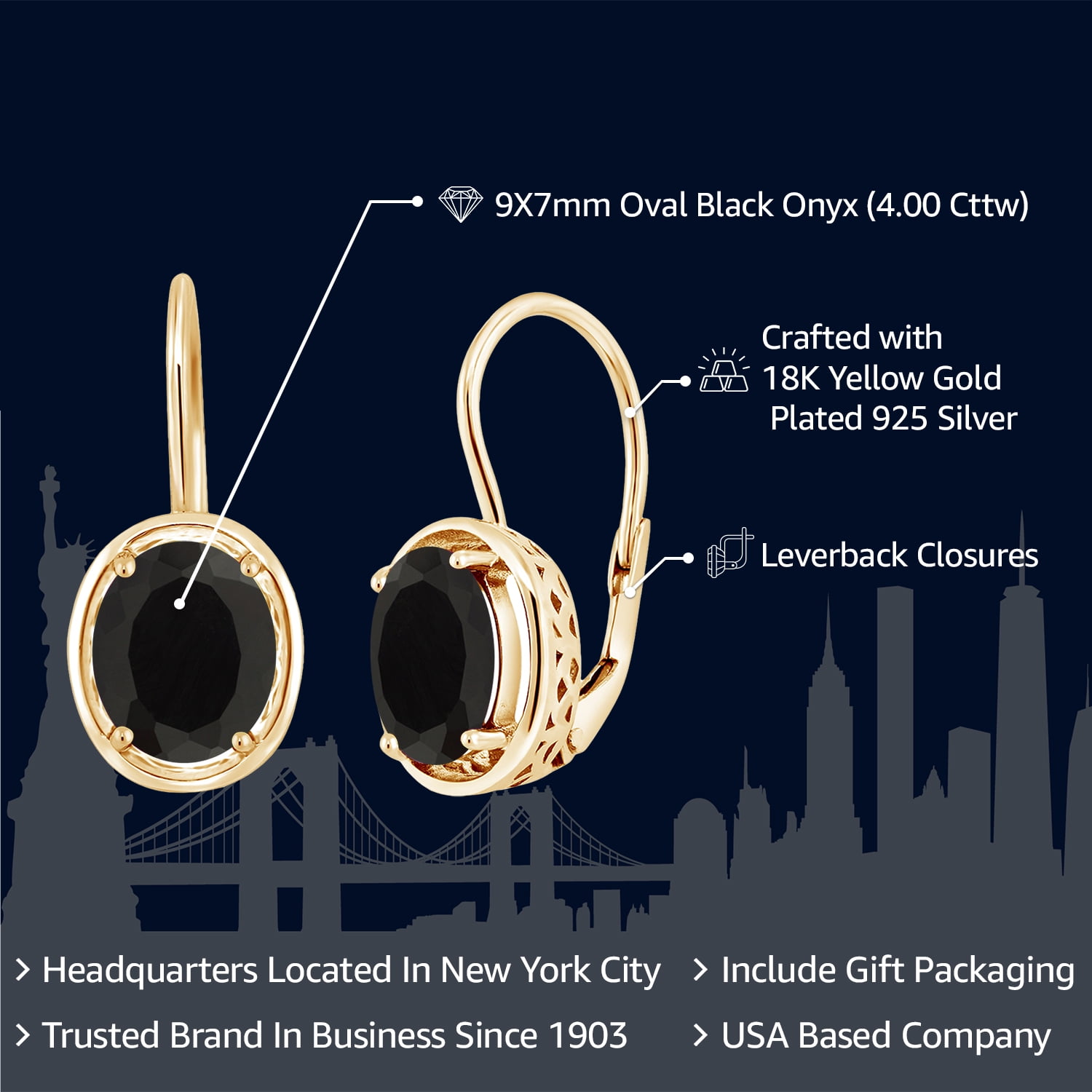 Gem Stone King 4.00 Cttw Black Onyx Dangle Earrings for Women | 18K Yellow Gold Plated Silver | Gemstone Birthstone | Oval 9X7MM | Fine Jewelry Gifts for Women Mom Wife Her