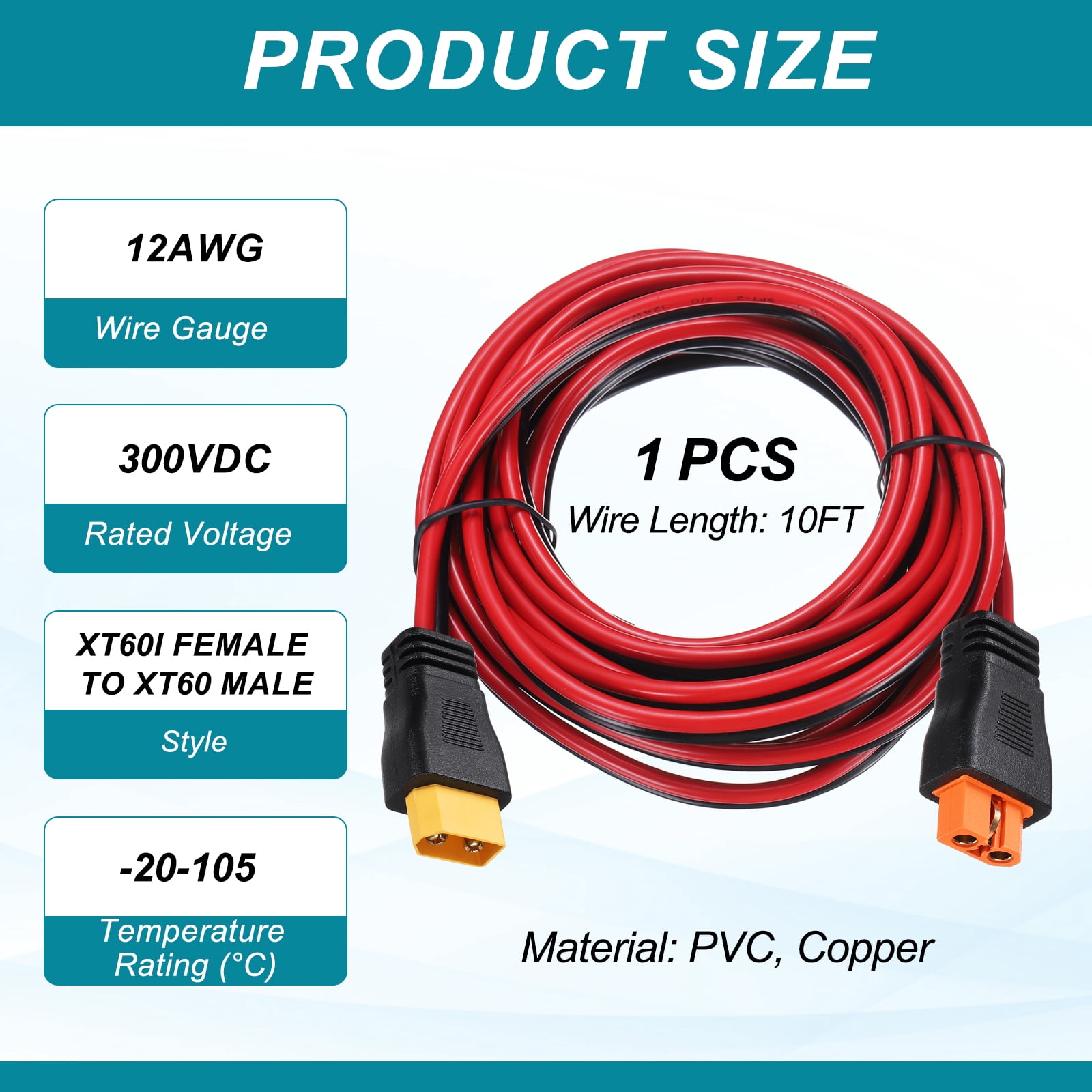 Uxcell 300VDC XT60 Extension Cable, 12AWG 10FT XT60i Female to XT60 Male Connector Cable for RC Battery Portable Power Station Solar Panel FPV Drone