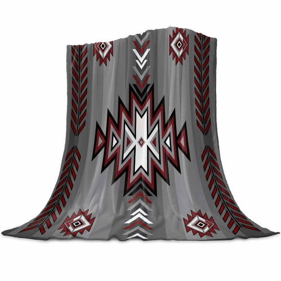 Boho Farmhouse Flannel Blanket for Bed,Travel and Camping, Moroccan Aztec Geometric Red Black Grey Super Soft Cozy Blanket for All Seasons 30"x40"
