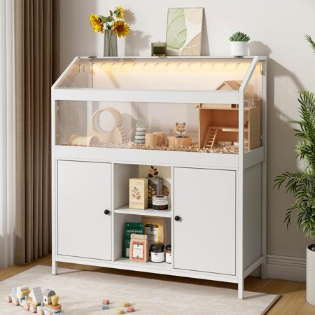 Large Hamster Cage with Storage Cabinet, 39.5“ Hamster Cages and Habitats with LED Light, Easy View Acrylic Panels for Guinea Pig, Hedgehog, Rat, Ferret