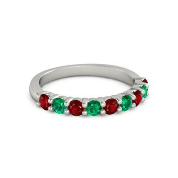 925 Sterling Silver Round 2.50 MM Ruby Emerald Half Eternity Women Wedding Ring Size US- 4