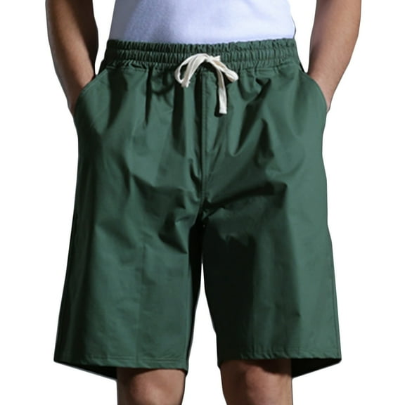 HOOMEUMY Men's Summer Beach Shorts Cotton Linen Solid Color Breathable Stretch Elastic Waist Drawstring Pockets Shorts Green XL
