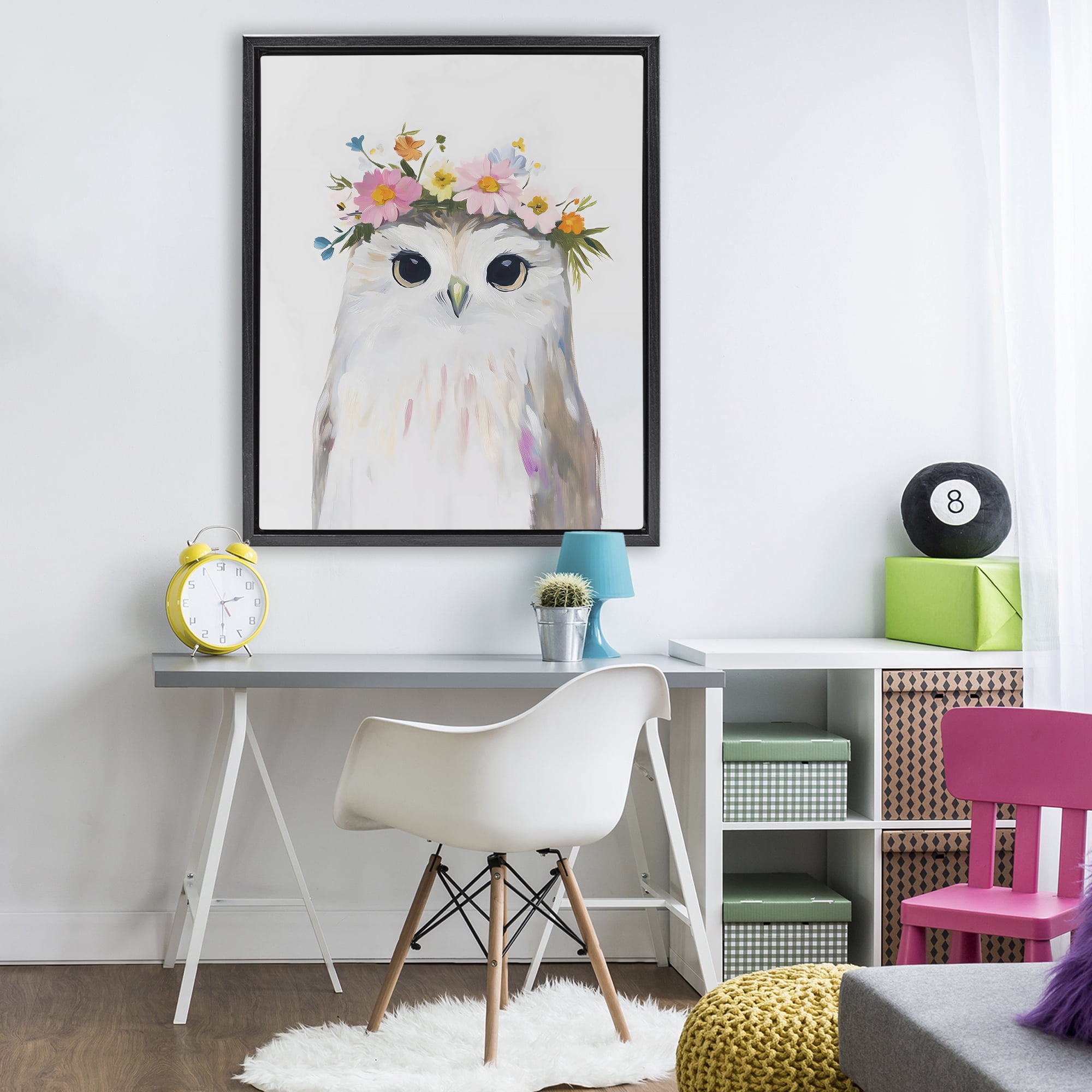 Stupell Industries Flower Crown Owl Black Framed Floater Canvas Wall Art, design by The Prints Vibe