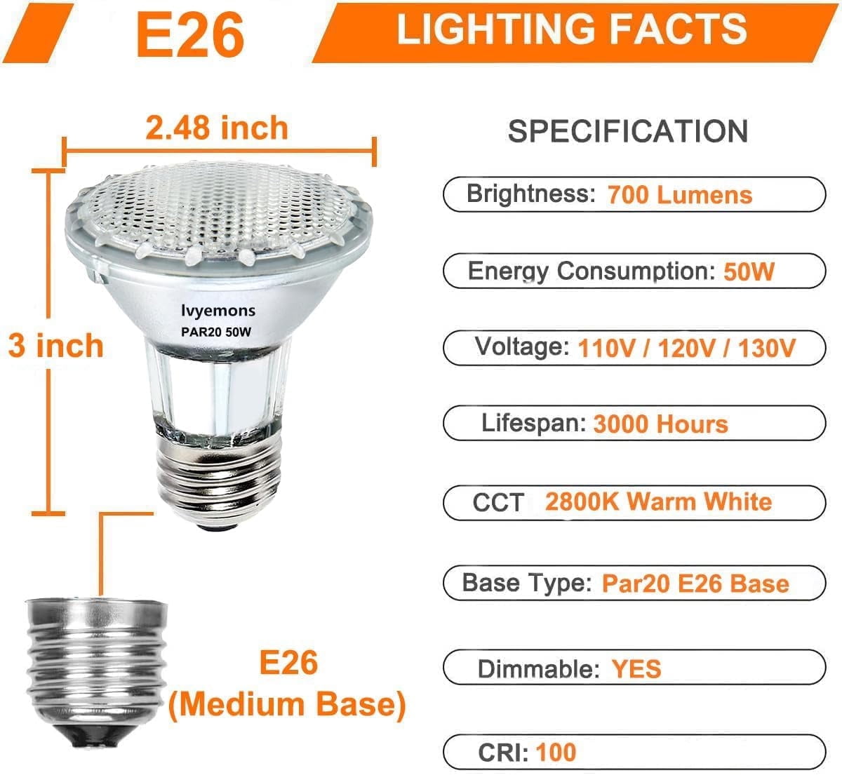Ivyemons 9 Pack PAR20 Halogen Bulb 50W 120V Dimmable, 2800K Warm White Flood Light with E26 Base for Range Hood