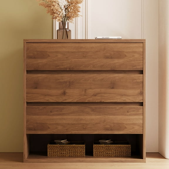 NessCarsti Natural Wood Three - Drawer Storage Cabinet with Shelves, Walnut Brown, 29.52"