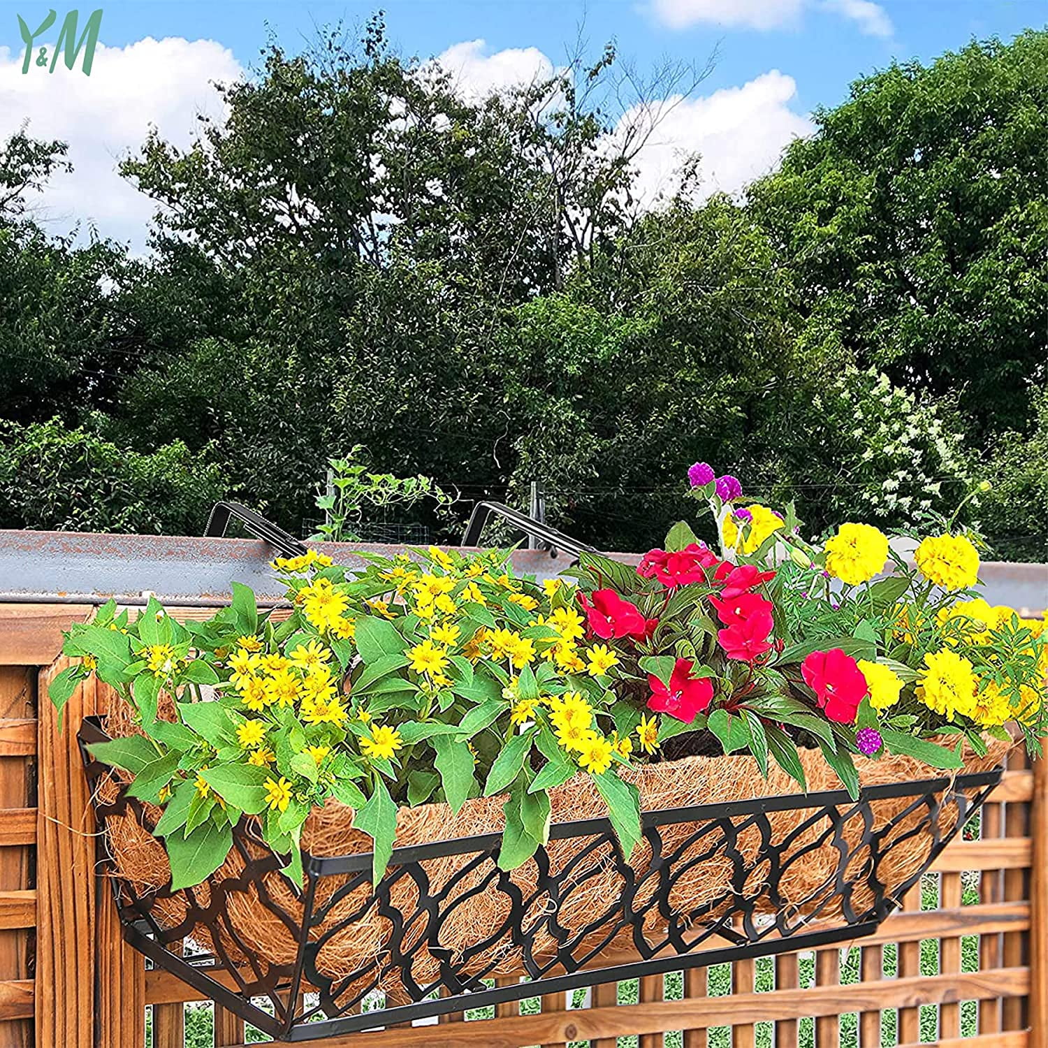 Y&M 2 pack 24 in Metal Rail Planters with Coco Coir Liners, Horse Trough Style for Deck Railing, Black