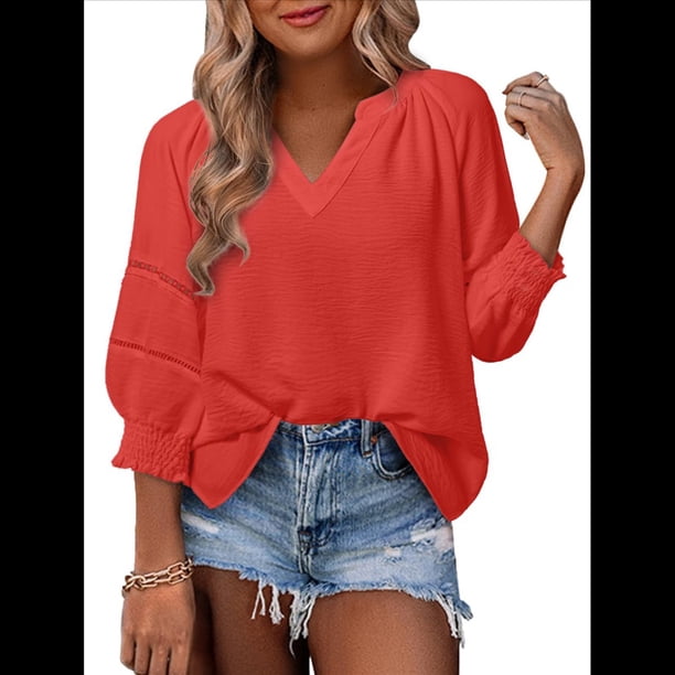 Blusas de 3/4 para Mujer, Blusas Plisadas Informales de Negocios con Cuello en V, Camisas Holgadas de Oficina Rojo XXL