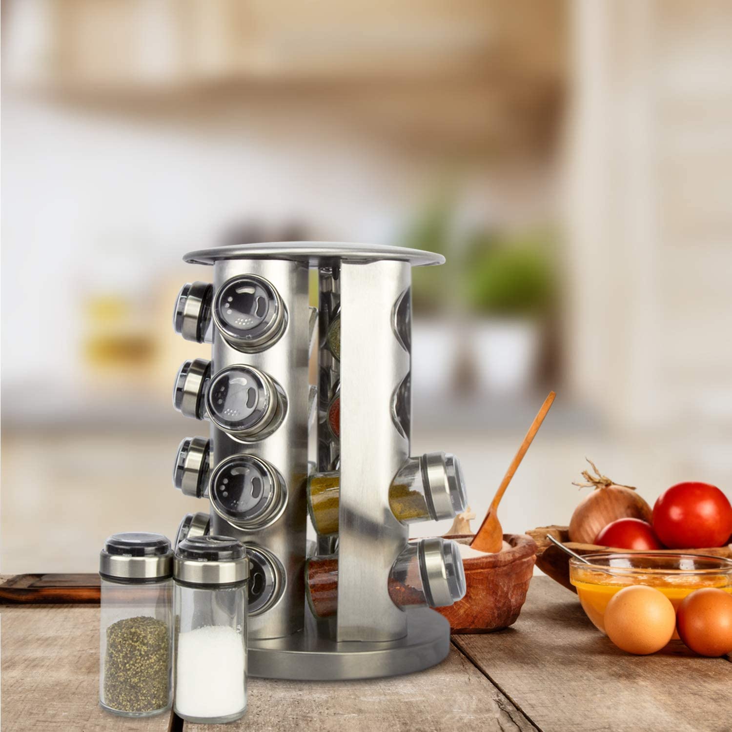 Stainless Steel Revolving Spice Rack 16 Glass Jars Bottles Shakers Kitchen Countertop Herbs Spices Seasoning Storage Organizer