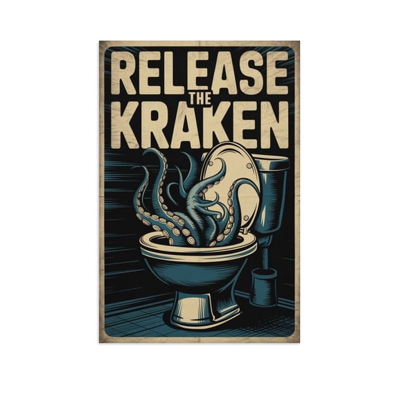 Retro Bathroom Poster Release The Kraken Funny Wall Art Sea Monster Rising from Toilet Vintage Design Deep Blue And Green Colors Canvas Poster