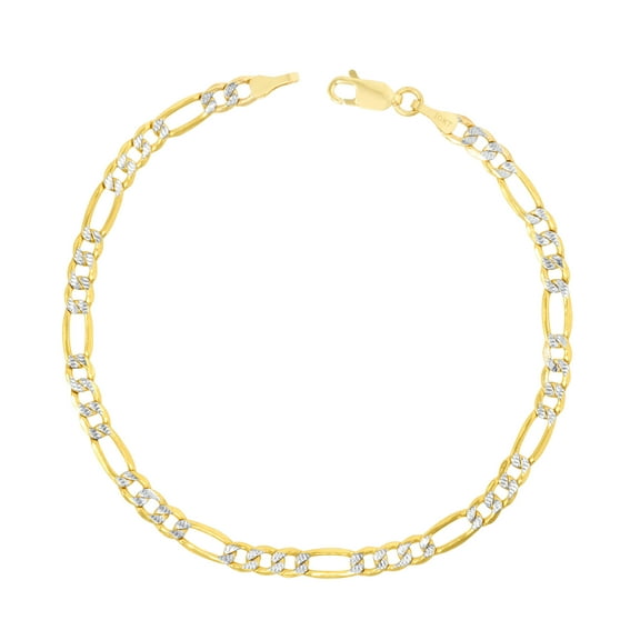 Nuragold 10k Real Yellow Gold Solid Figaro Link 5mm Diamond Cut Pave Chain Bracelet (7"-9") Two Tone Italian Jewelry for Men & Women
