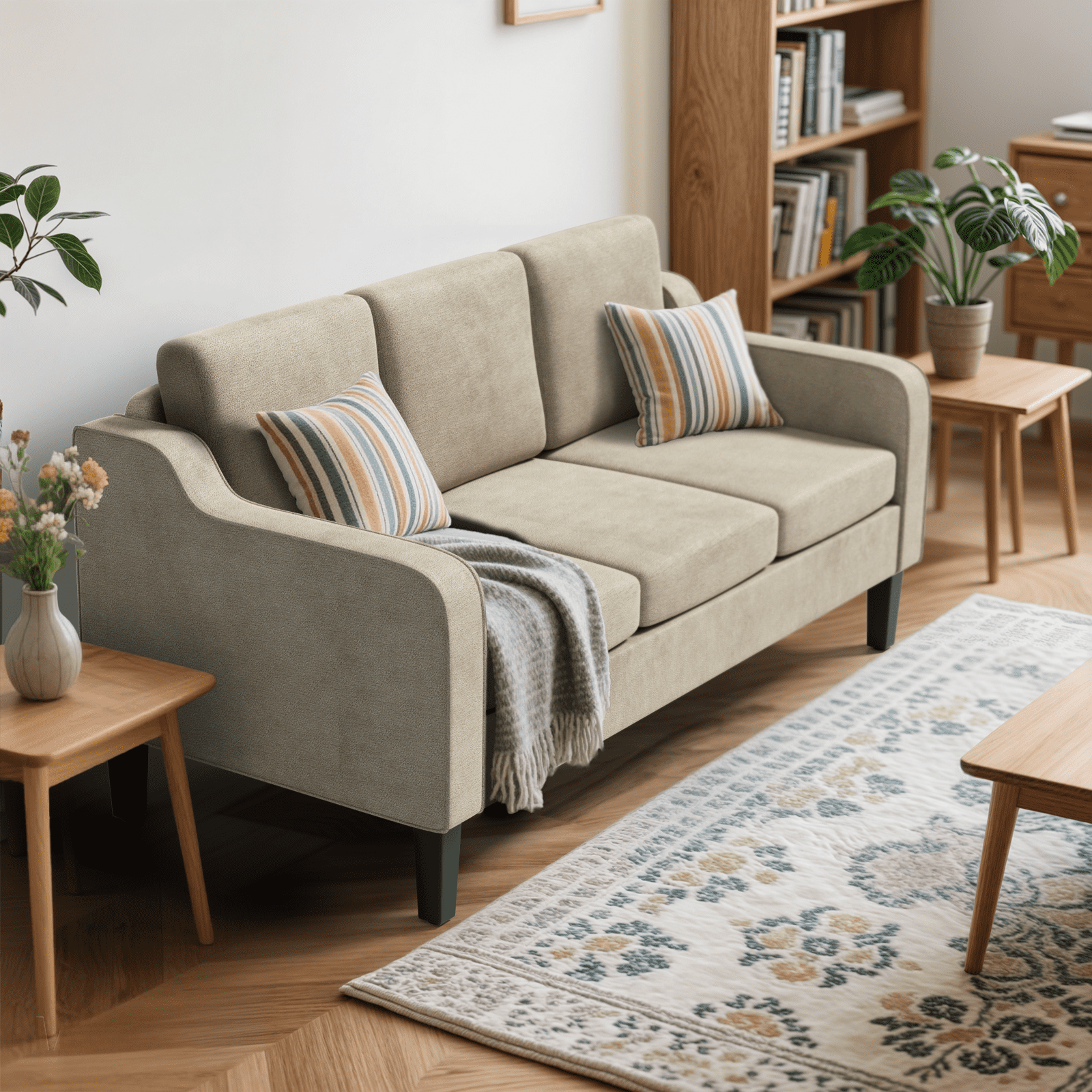 MoNiBloom 64" Apartment Sofa for Small Spaces | Modern 3-Seater Couch with Removable Cushions & Wooden Legs | Compact Living Room, Bedroom Furniture, Beige