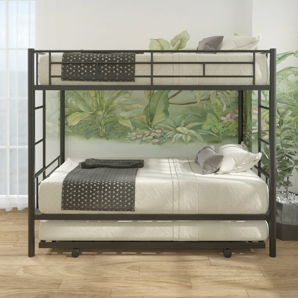 Bunkbed with Roll Out Trundle Bed Frame, Metal Bunk Bed Can Be Divided Into Two Twin Beds