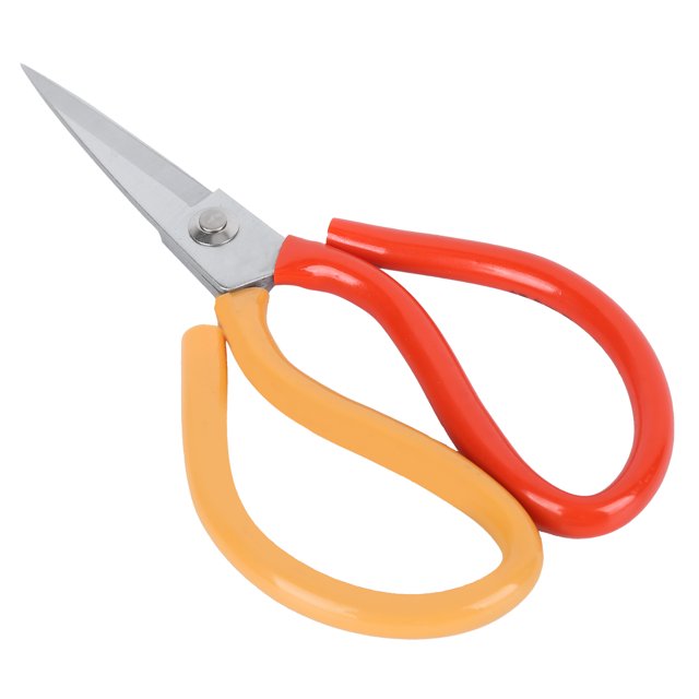tijeras para trabajo pesado, tijeras ergonómicas con mango de tpu tijeras para tela multiusos para tela tijeras antióxido de aleación de acero con mango bicolor rojo y amarillo, vista 3/4 frontal, hojas con acabado metálico pulido, diseño ambidiestro para cambio de mano, aptas para cortar telas y cuero y comúnmente usadas en costura y manualidades.