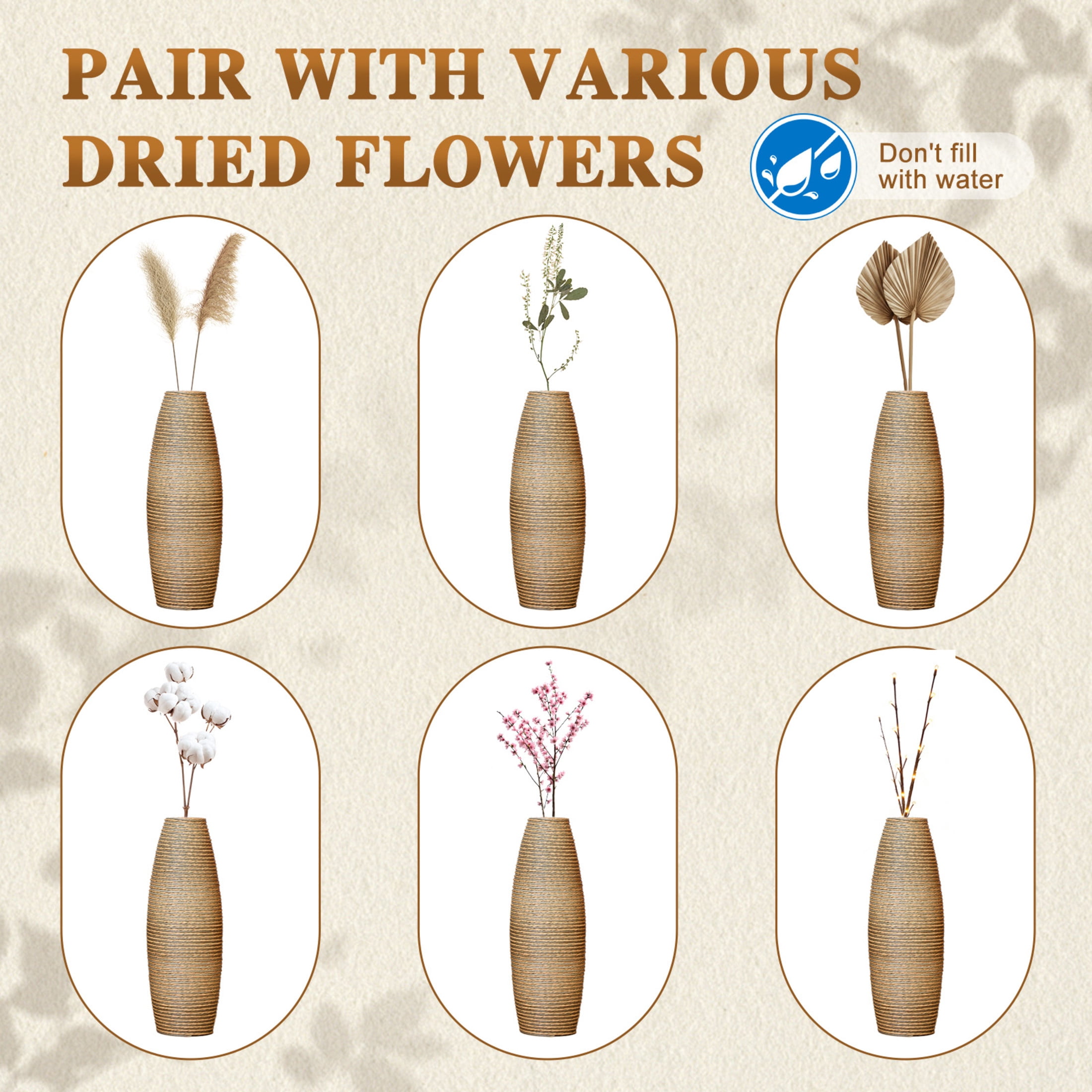 Noble House 19.69", 23.2", 27.56" PVC Floor Vase Set of 3, Handcrafted Rattan-Like, Beige Brown
