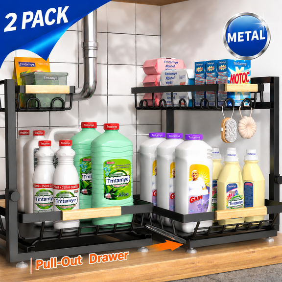 Tmtamye Under Sink Organizer, Adjustable 2-Tier, Large, Metal, 2-Pack, Pull-Out, Black