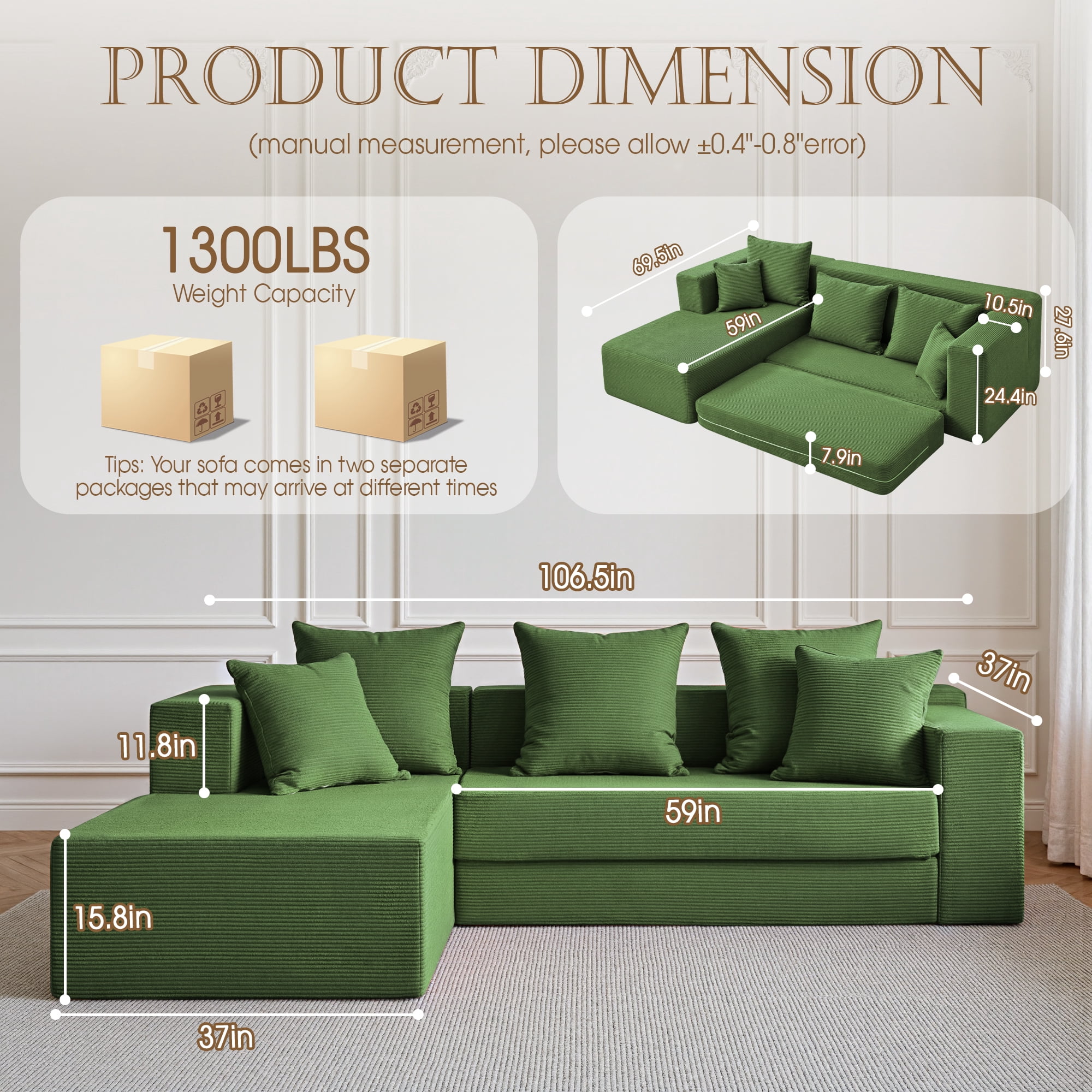 YINIX 106.5" Modular Sofa Couch  for Living Room , Cloud L-Shaped  Sofa with Deep Seating Upholstered, Green