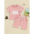 thumbnail image 3 of Musuos Baby Girl 2 Piece Summer Outfits 6 12 18 24M 3T Round Neck Letter Print Short Sleeve Tops + Elastic Waist Shorts Infant Toddler Set, 3 of 10