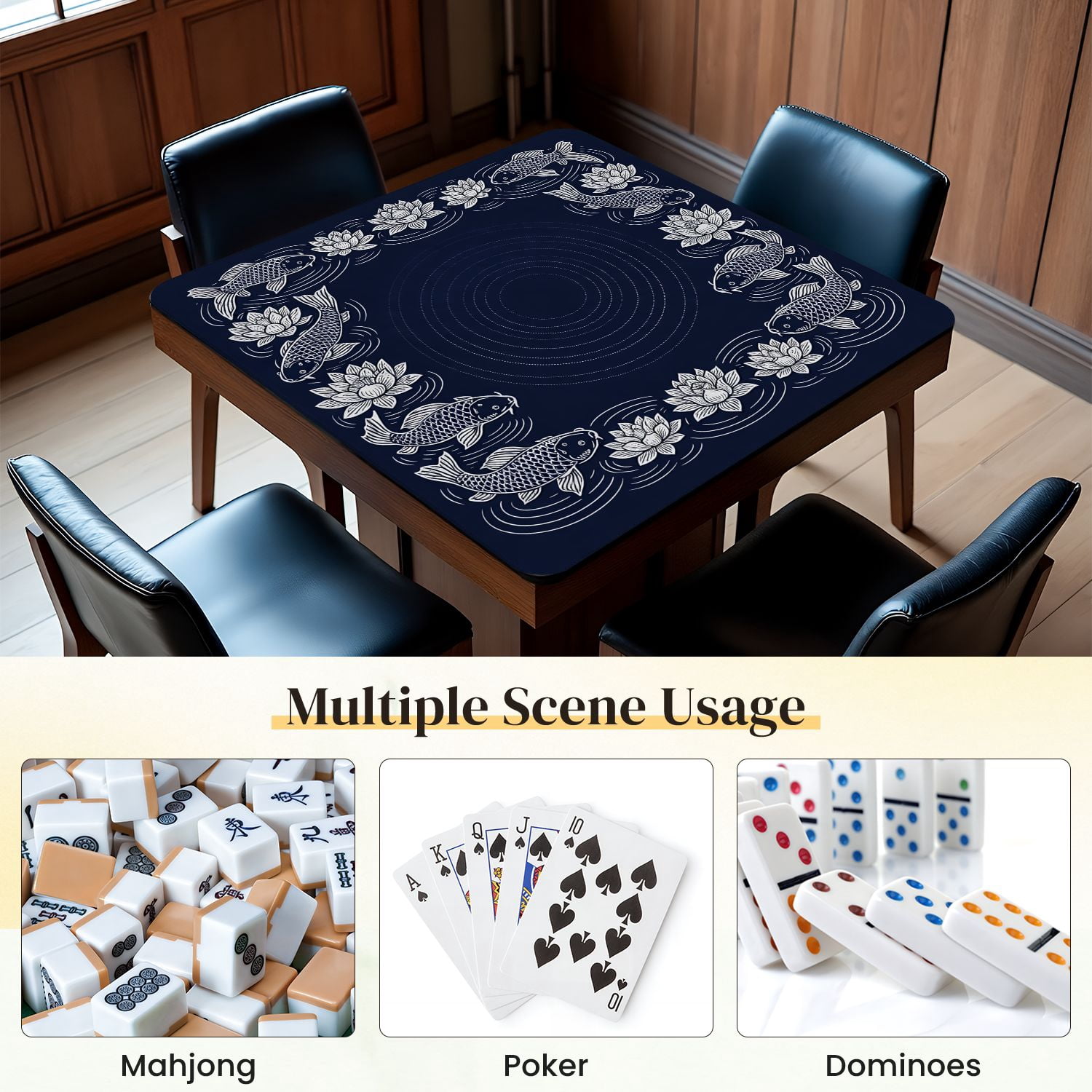 Mahjong Mat 31.5" x 31.5" Elegant Koi Fish Water Lily Circular Dark Blue Non-Slip Noise Reduction Mahjong Tiles Table Cover for Dominoes Poker Card Board and Tile Games