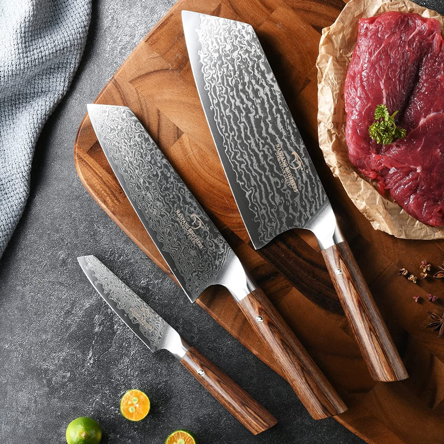 HAOYUE Damascus Kitchen Knife Set, 3 Pieces Japanese Style Kitchen Knives 67 Layer Forged Damascus VG10 Steel, lightweight Wood Ergonomic Handle for Cooking Knives Set