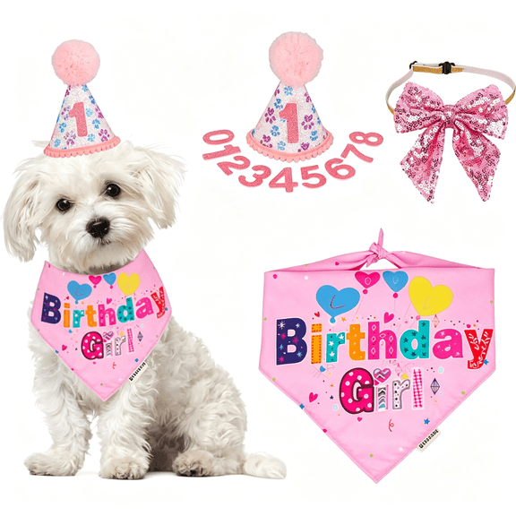 TELOLY Dog Birthday Hat, Pink Birthday Girl Bandana Set, Small | 3 Sizes, Double Layer Birthday Bandana, Dog Hat with Numbers, Bow Tie, for Small Dog Birthday Party