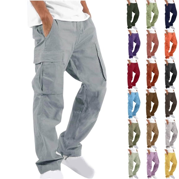 Dezsed Men's Relaxed Straight-Fit Cargo Work Pant Men Solid Casual Multiple Pockets Outdoor Straight Type Fitness Pants Cargo Pants Trousers Gray XL