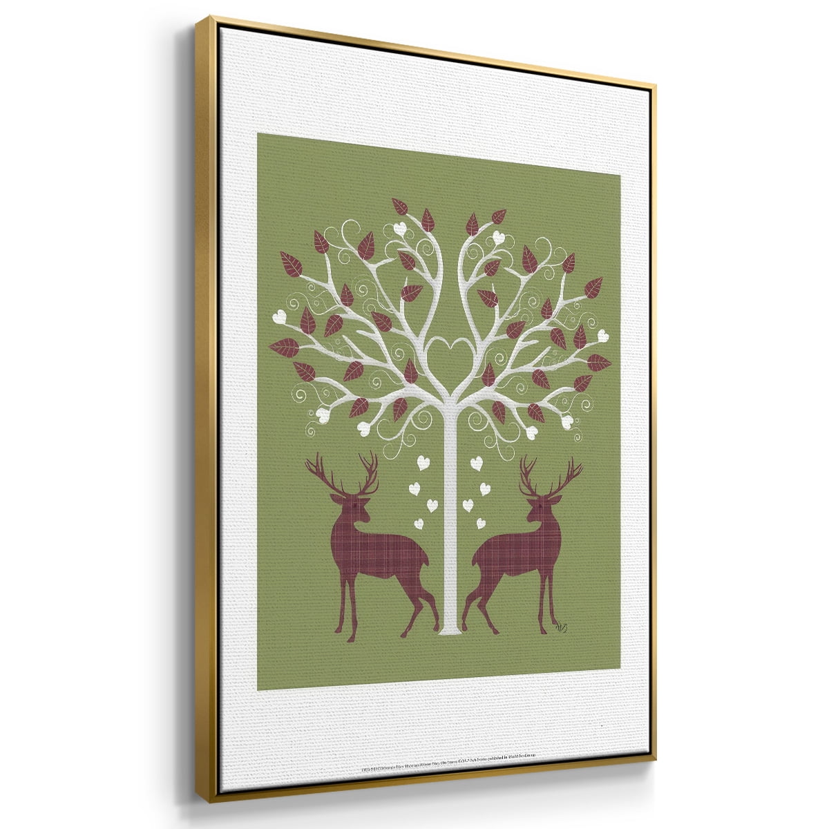 Christmas Des - Deer and Heart Tree, Pink On Green - Framed Gallery Wrapped Holiday Canvas - 25 x 37 - Gold Frame